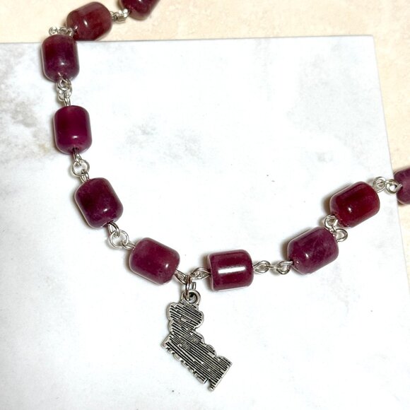 Genuine Magenta Chalcedony Short Necklace, Gemstone & Dog Person Paw Print Charm - Picture 6 of 14